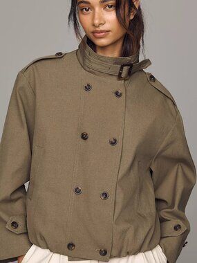 Maeve Retta Funnel Neck Double Breasted Short Trench Coat